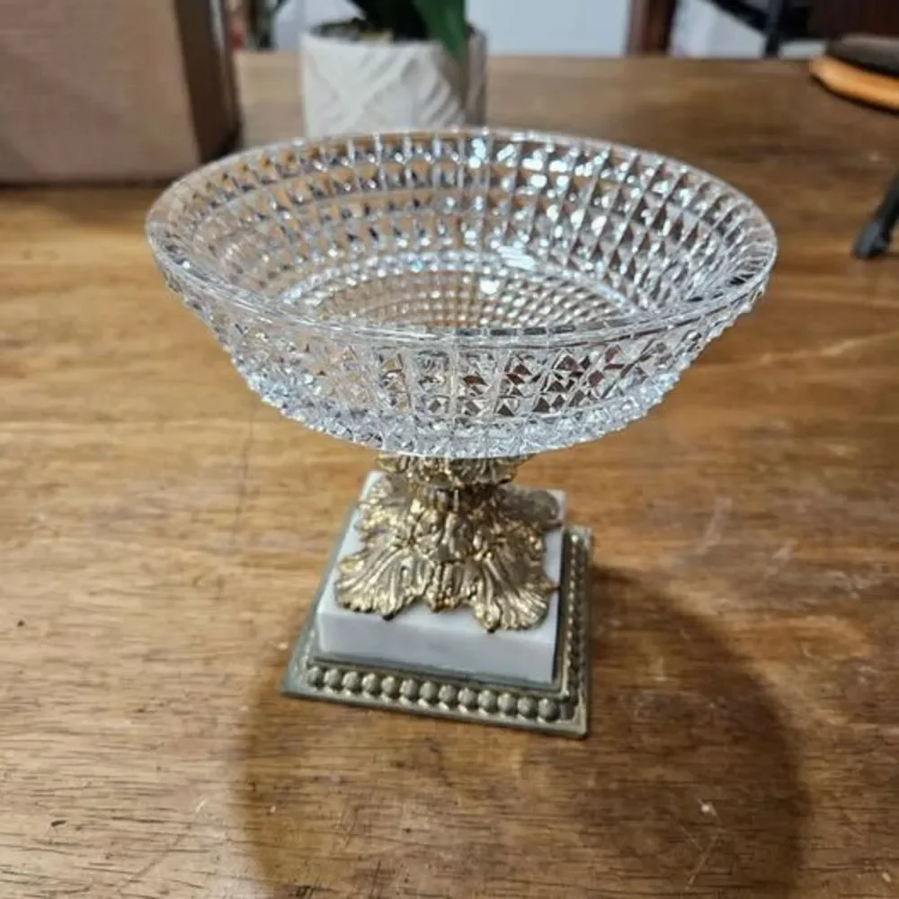 Vintage Crystal Compote Bowl with Marble and Brass Pedestal Base